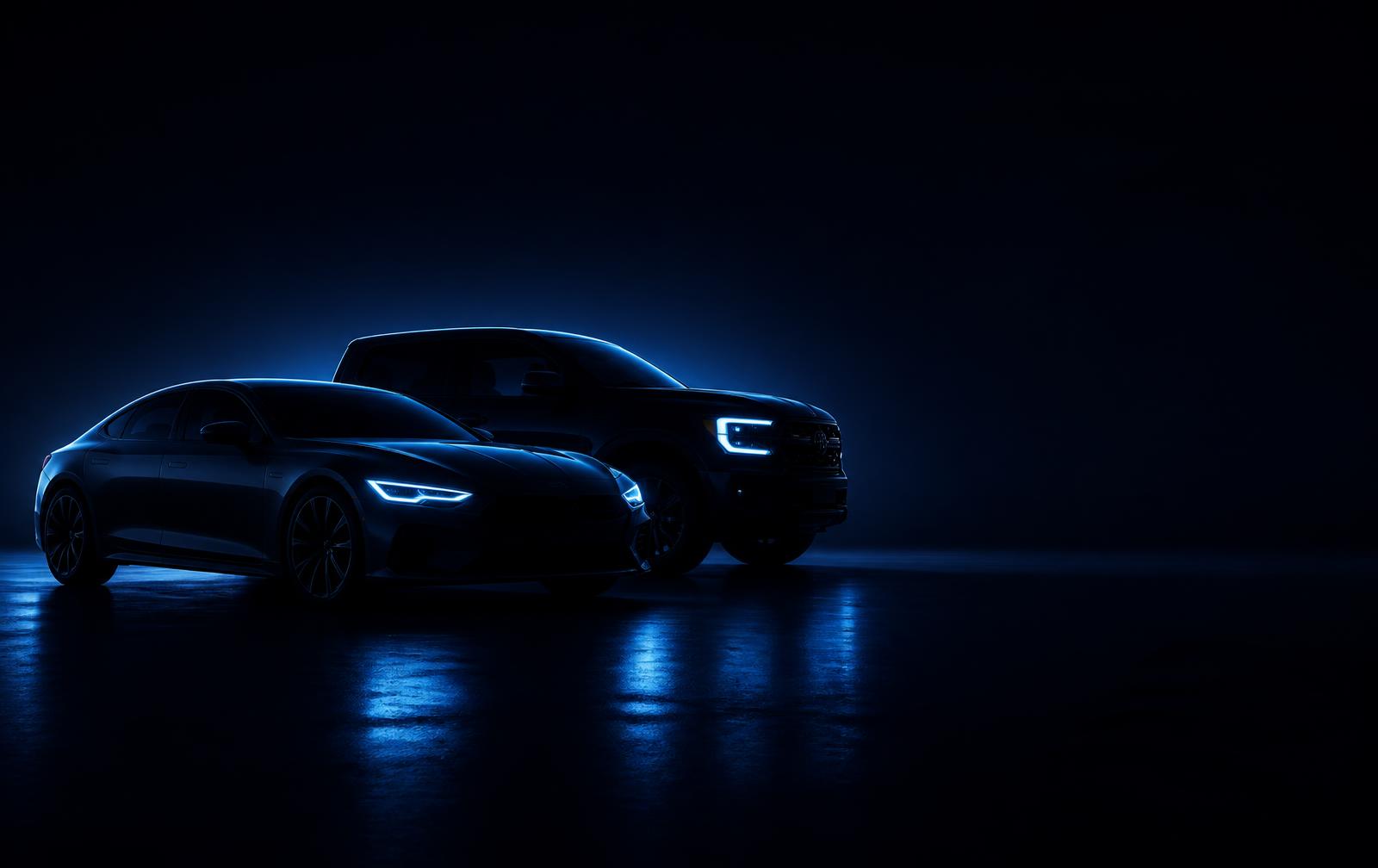 Car and pickup truck lit by studio lighting